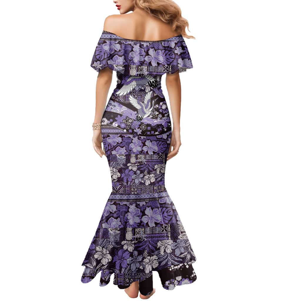 Japanese Hawaiian Crane Mermaid Dress Purple Tapa Patchwork Pattern LT9 - Polynesian Pride