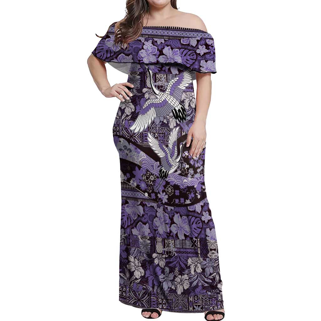 Japanese Hawaiian Crane Off Shoulder Maxi Dress Purple Tapa Patchwork Pattern LT9 Women Purple - Polynesian Pride