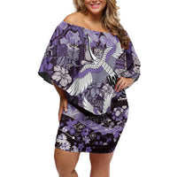 Japanese Hawaiian Crane Off Shoulder Short Dress Purple Tapa Patchwork Pattern LT9 Women Purple - Polynesian Pride