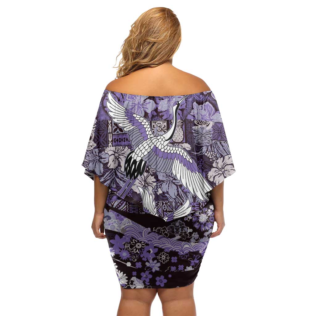 Japanese Hawaiian Crane Off Shoulder Short Dress Purple Tapa Patchwork Pattern LT9 - Polynesian Pride