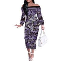 Japanese Hawaiian Crane Off The Shoulder Long Sleeve Dress Purple Tapa Patchwork Pattern LT9 Women Purple - Polynesian Pride