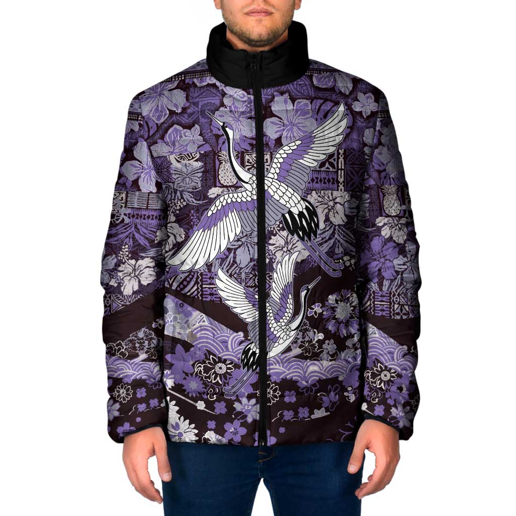 Japanese Hawaiian Crane Padded Jacket Purple Tapa Patchwork Pattern LT9 Men Purple - Polynesian Pride