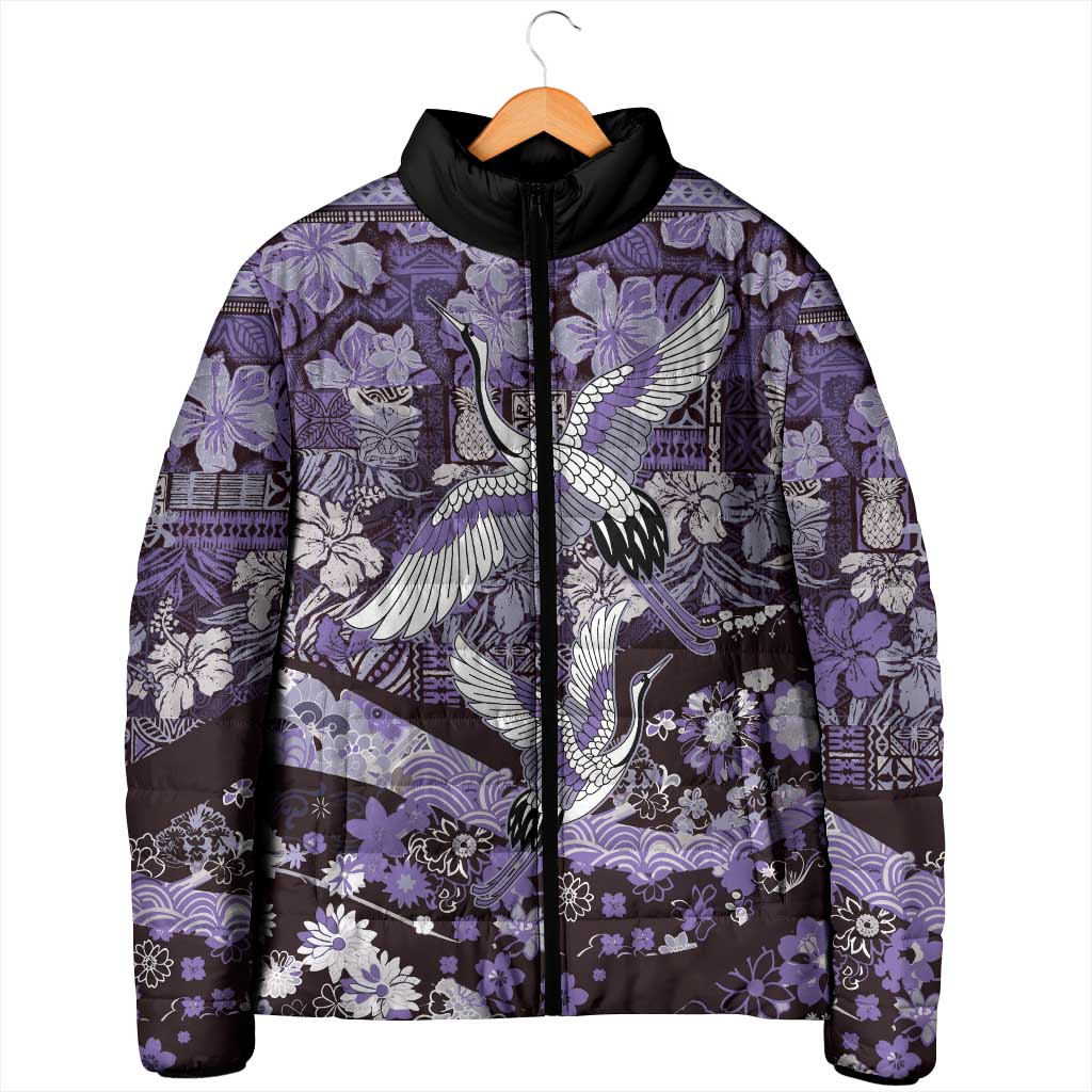 Japanese Hawaiian Crane Padded Jacket Purple Tapa Patchwork Pattern LT9 - Polynesian Pride