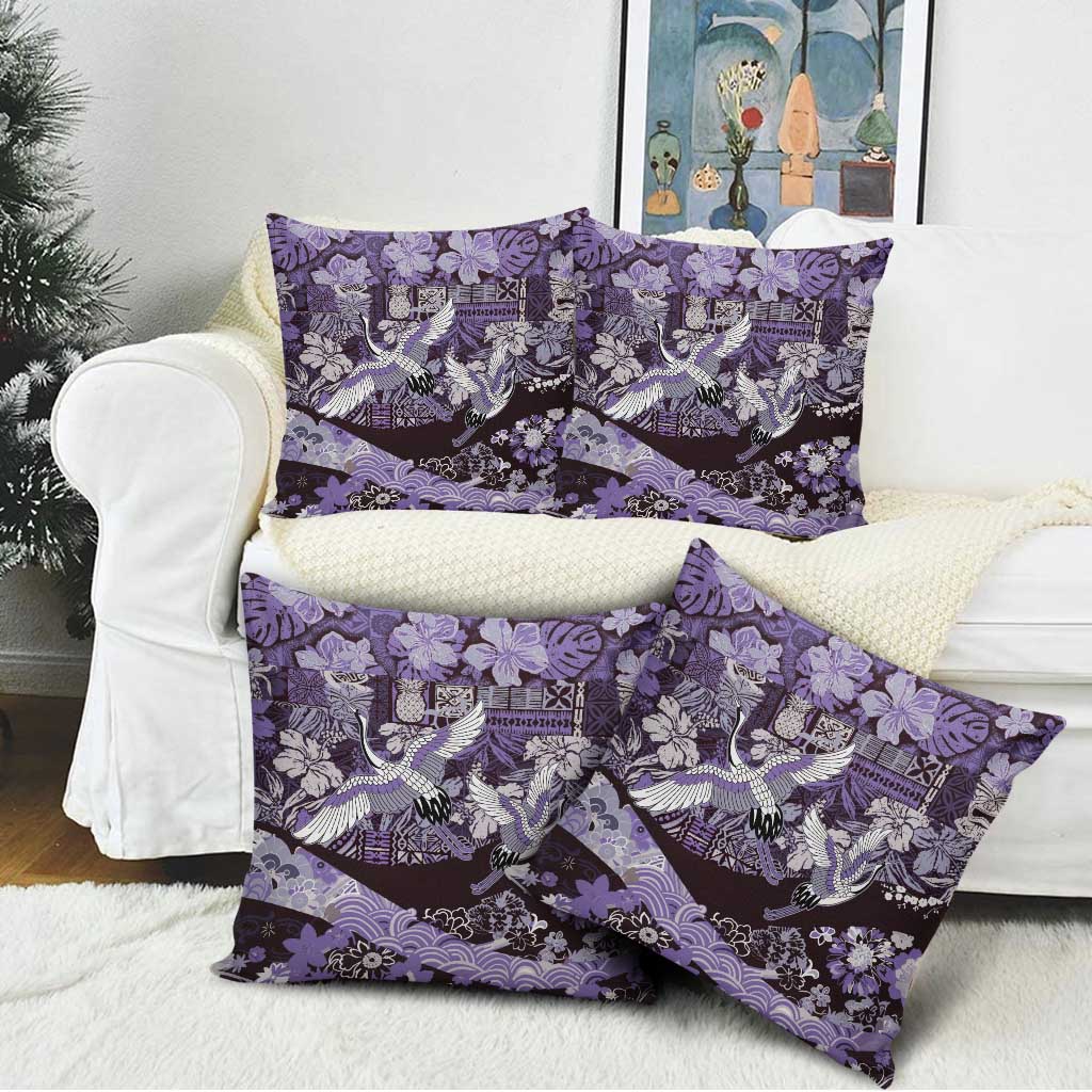 Japanese Hawaiian Crane Pillow Cover Purple Tapa Patchwork Pattern LT9 - Polynesian Pride