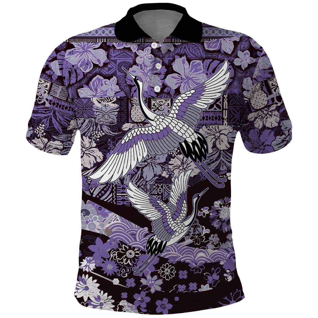 Japanese Hawaiian Crane Polo Shirt Purple Tapa Patchwork Pattern LT9 Purple - Polynesian Pride