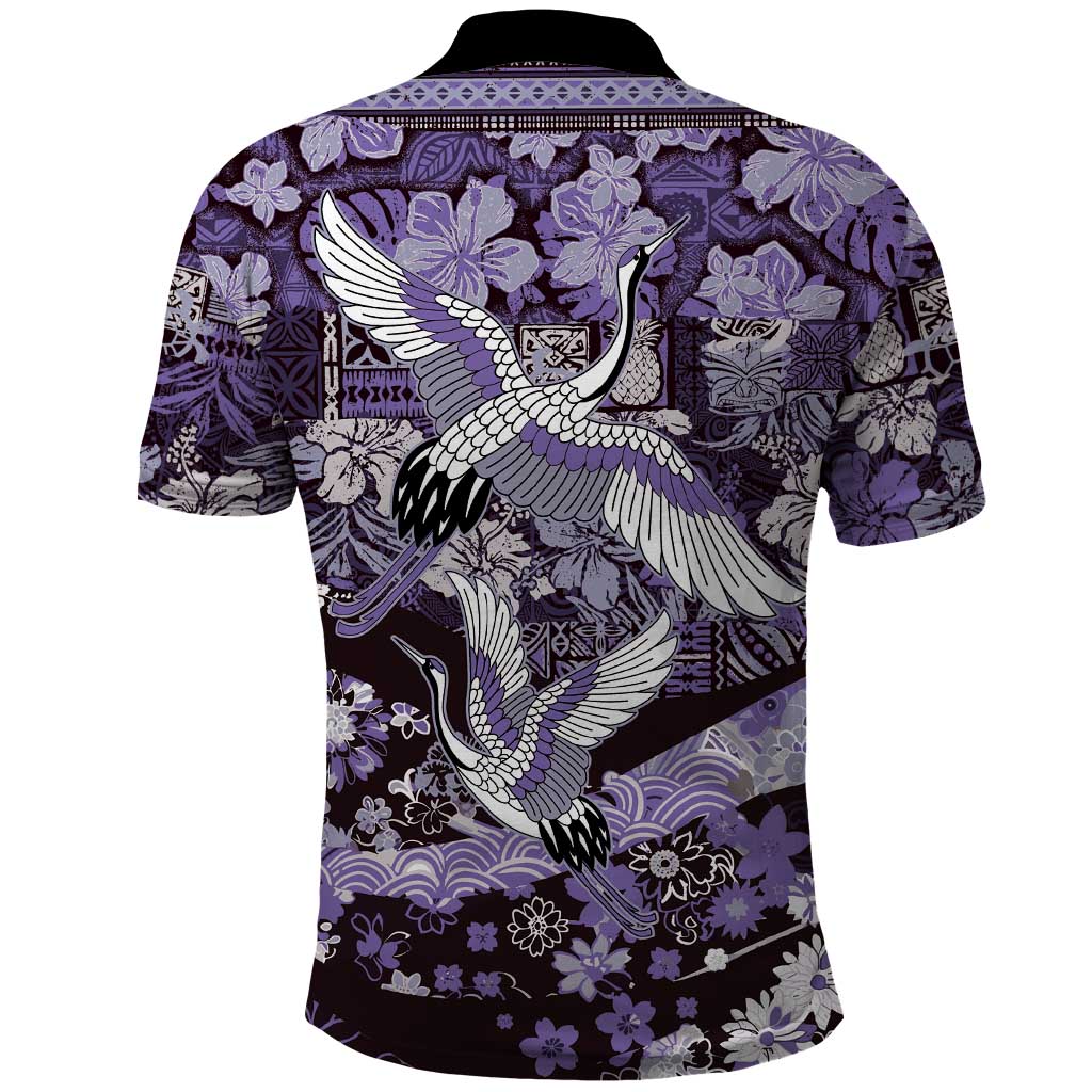 Japanese Hawaiian Crane Polo Shirt Purple Tapa Patchwork Pattern LT9 - Polynesian Pride