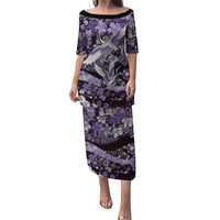 Japanese Hawaiian Crane Puletasi Purple Tapa Patchwork Pattern LT9 Long Dress Purple - Polynesian Pride