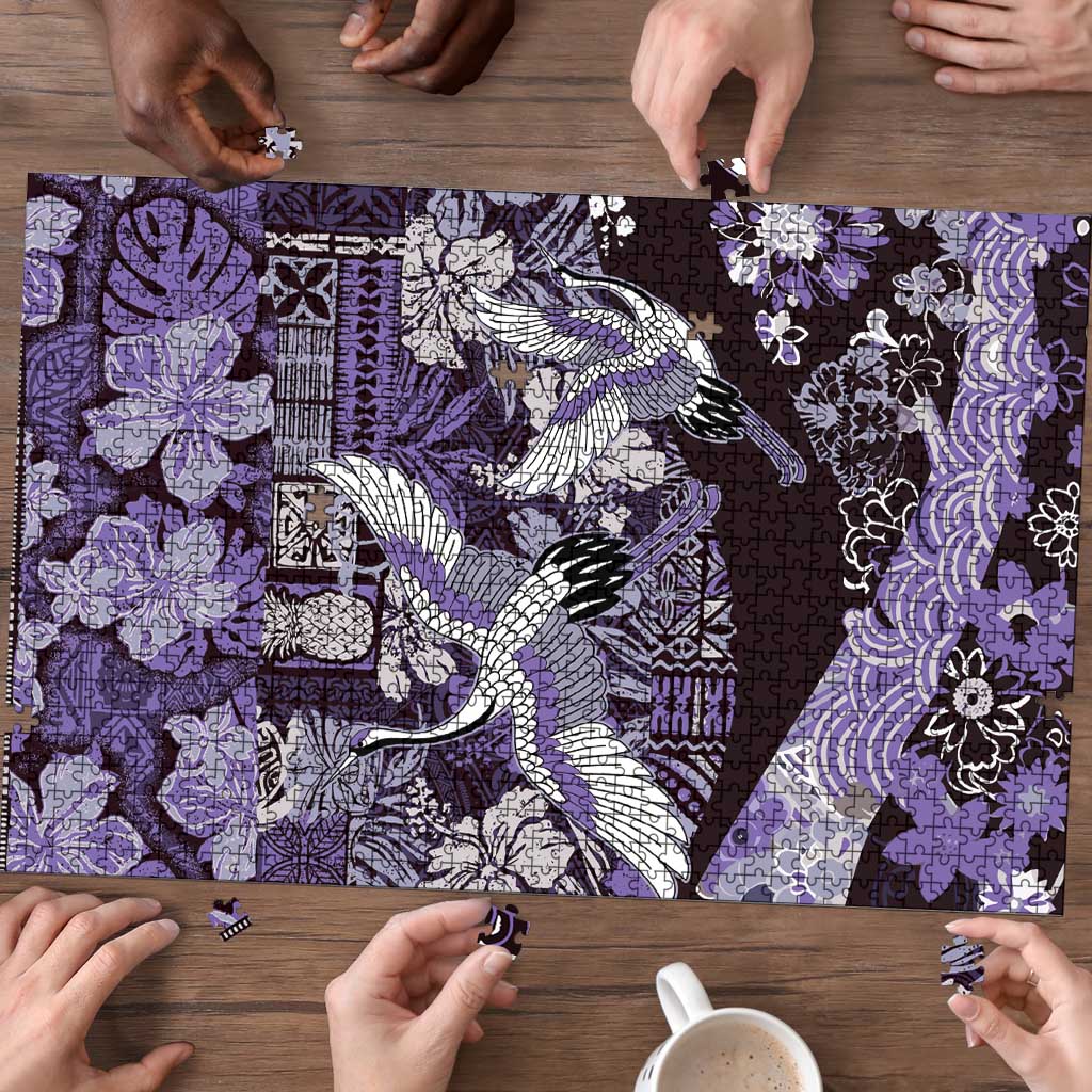 Japanese Hawaiian Crane Puzzle Purple Tapa Patchwork Pattern LT9 - Polynesian Pride