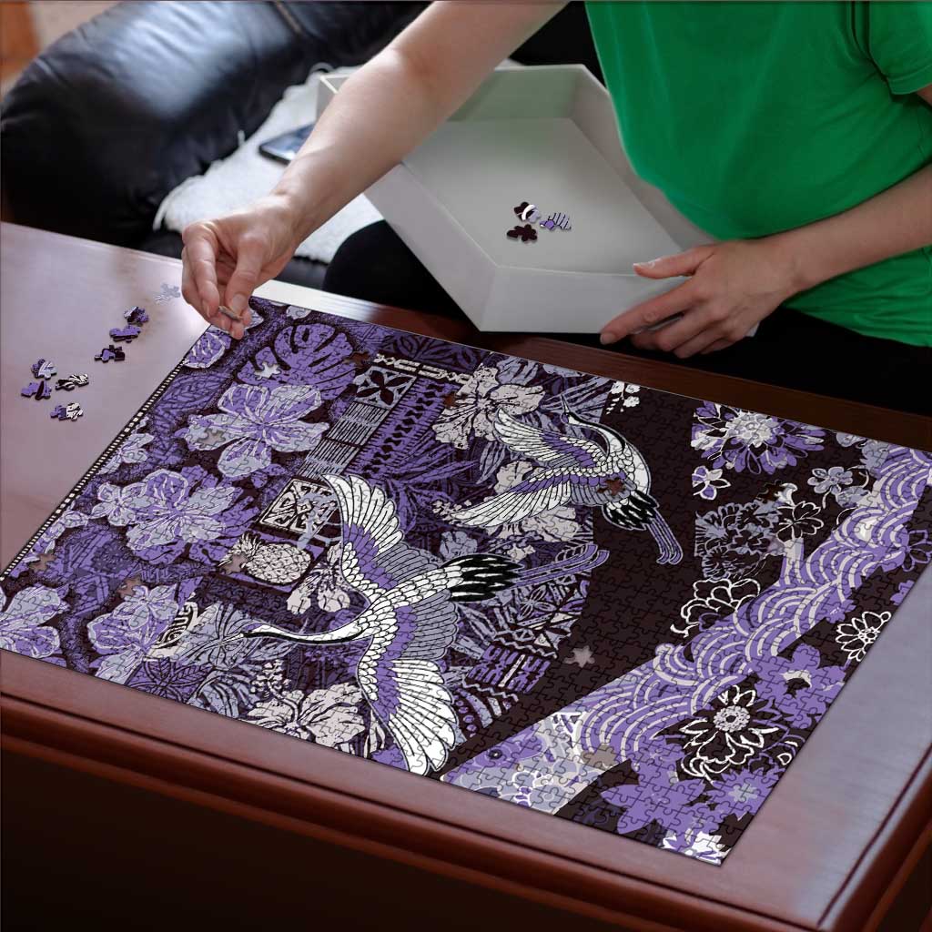 Japanese Hawaiian Crane Puzzle Purple Tapa Patchwork Pattern LT9 - Polynesian Pride
