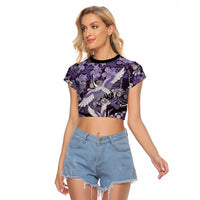 Japanese Hawaiian Crane Raglan Cropped T Shirt Purple Tapa Patchwork Pattern LT9 Female Purple - Polynesian Pride