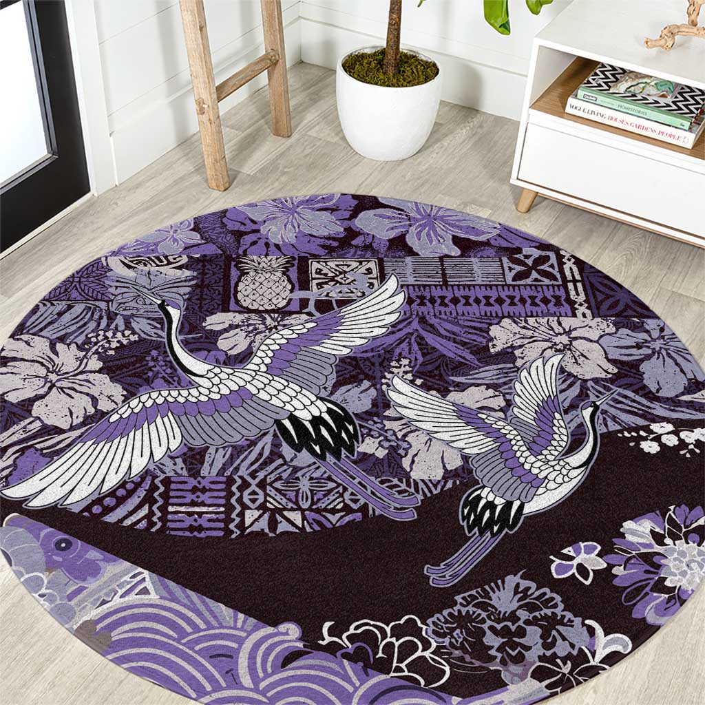 Japanese Hawaiian Crane Round Carpet Purple Tapa Patchwork Pattern LT9 Purple - Polynesian Pride