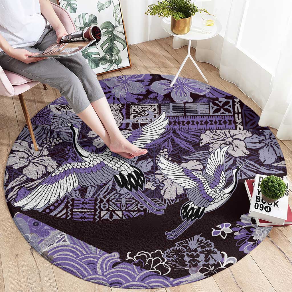 Japanese Hawaiian Crane Round Carpet Purple Tapa Patchwork Pattern LT9 - Polynesian Pride