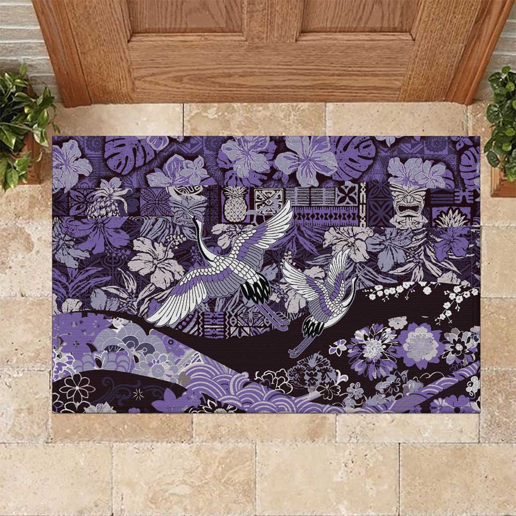 Japanese Hawaiian Crane Rubber Doormat Purple Tapa Patchwork Pattern