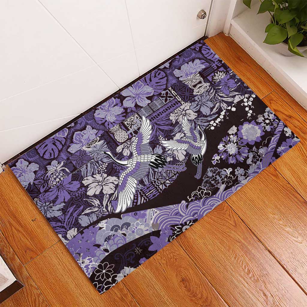 Japanese Hawaiian Crane Rubber Doormat Purple Tapa Patchwork Pattern