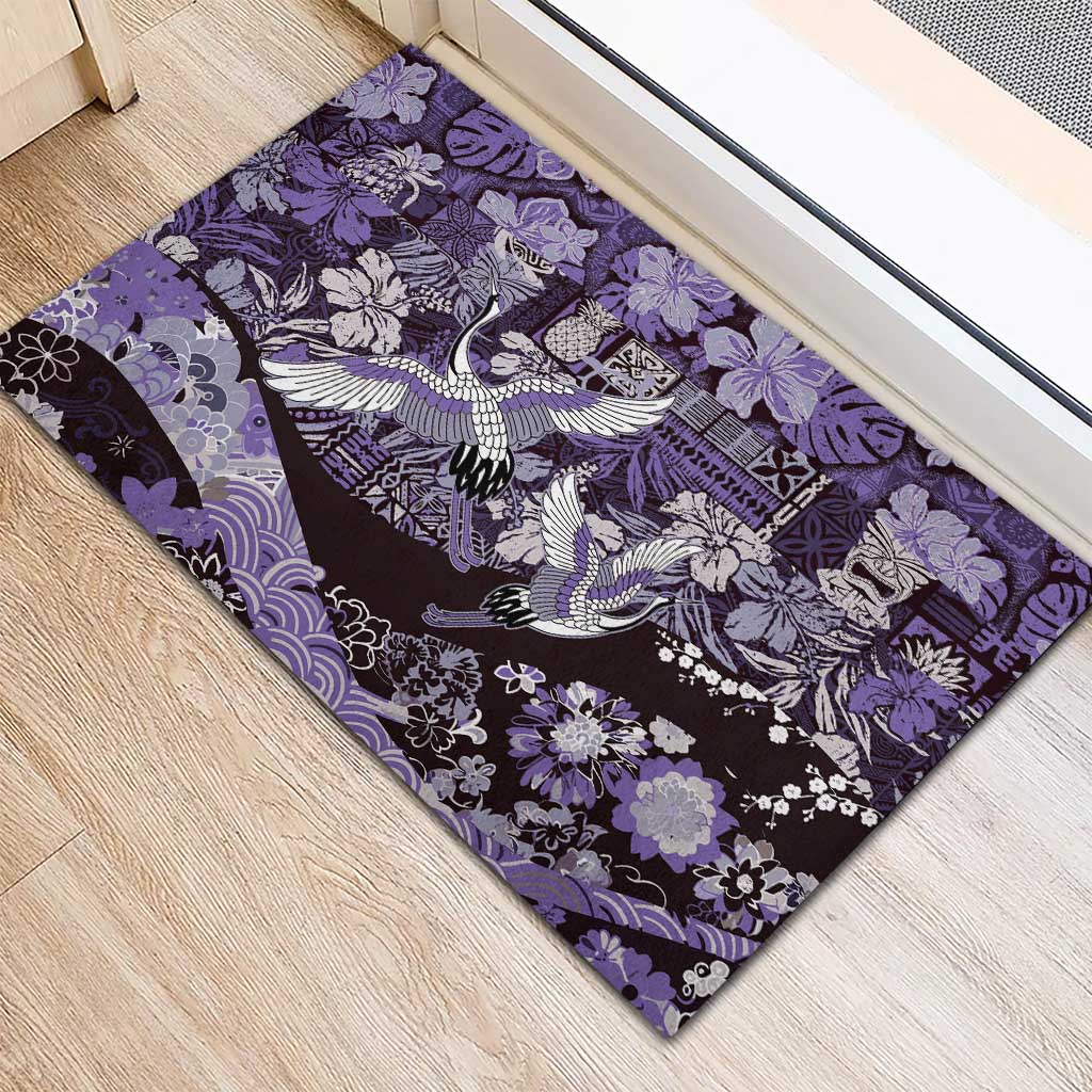 Japanese Hawaiian Crane Rubber Doormat Purple Tapa Patchwork Pattern