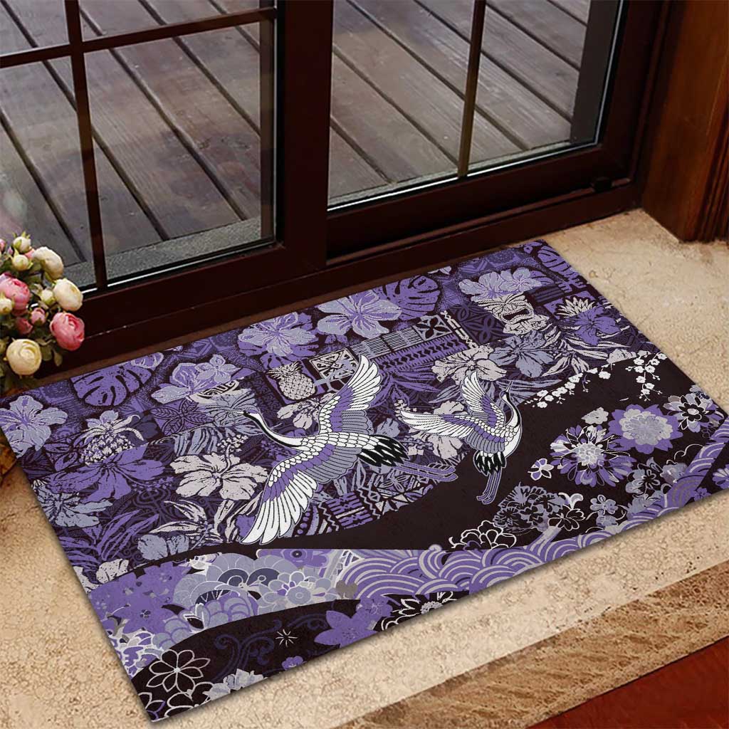 Japanese Hawaiian Crane Rubber Doormat Purple Tapa Patchwork Pattern