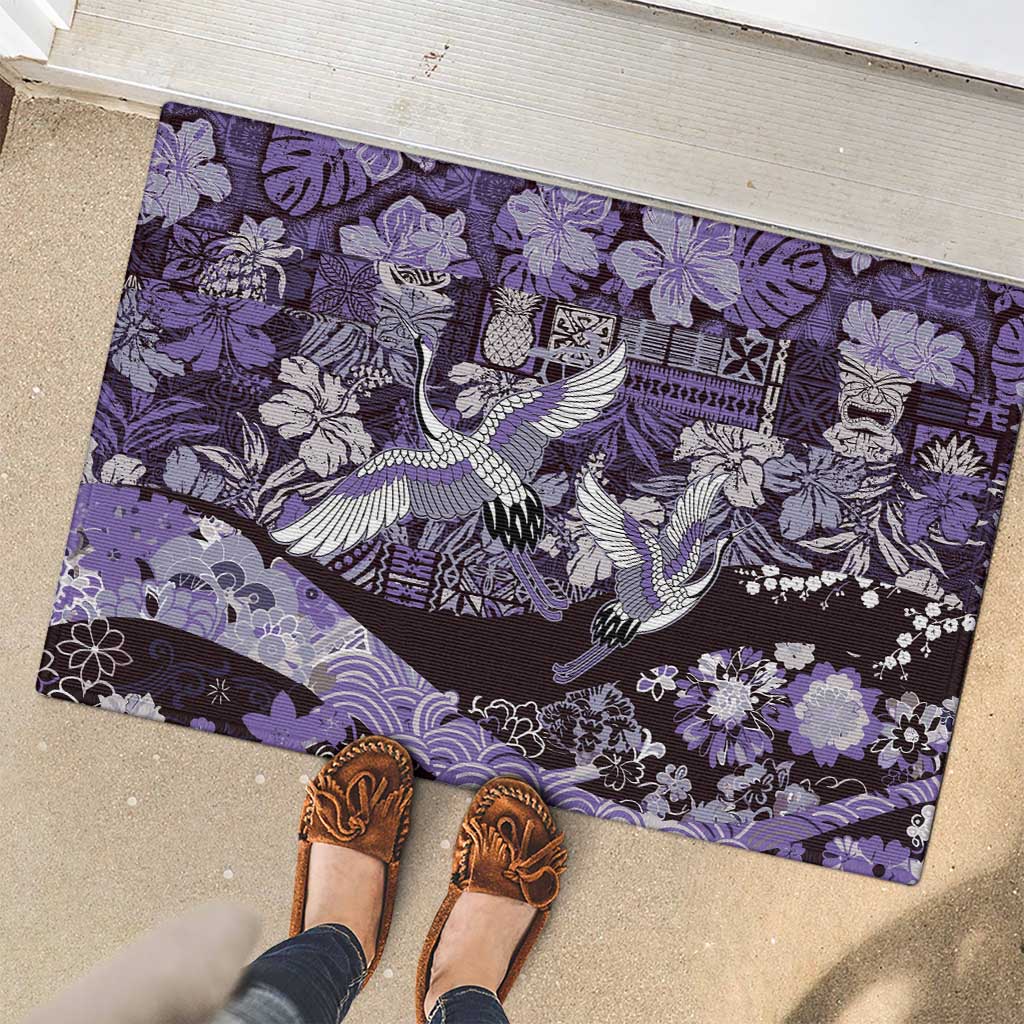 Japanese Hawaiian Crane Rubber Doormat Purple Tapa Patchwork Pattern