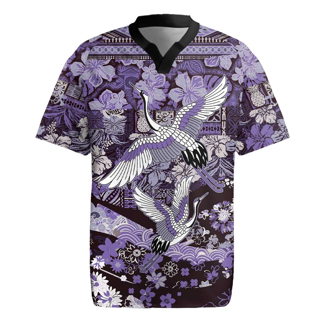 Japanese Hawaiian Crane Rugby Jersey Purple Tapa Patchwork Pattern LT9 Purple - Polynesian Pride