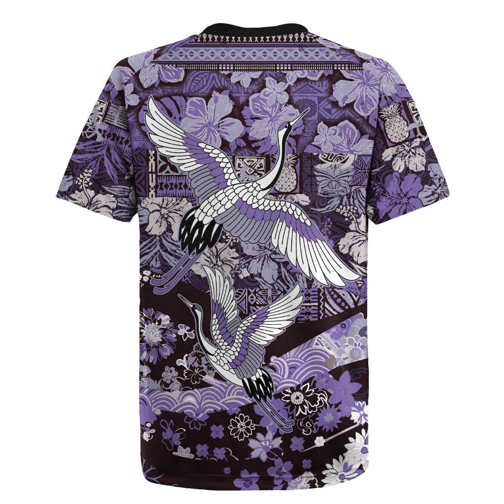 Japanese Hawaiian Crane Rugby Jersey Purple Tapa Patchwork Pattern LT9 - Polynesian Pride