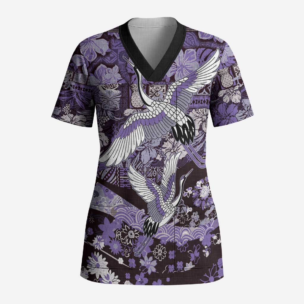 Japanese Hawaiian Crane Scrub Top Purple Tapa Patchwork Pattern LT9 Adult Purple - Polynesian Pride