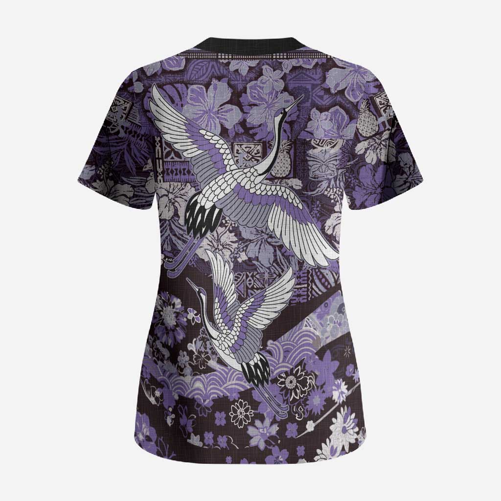 Japanese Hawaiian Crane Scrub Top Purple Tapa Patchwork Pattern LT9 - Polynesian Pride