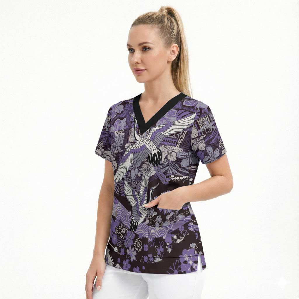 Japanese Hawaiian Crane Scrub Top Purple Tapa Patchwork Pattern LT9 - Polynesian Pride