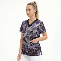 Japanese Hawaiian Crane Scrub Top Purple Tapa Patchwork Pattern LT9 - Polynesian Pride