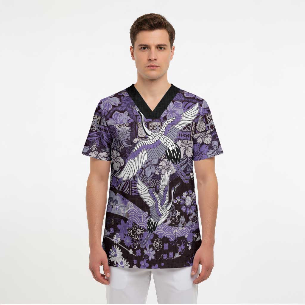 Japanese Hawaiian Crane Scrub Top Purple Tapa Patchwork Pattern LT9 - Polynesian Pride