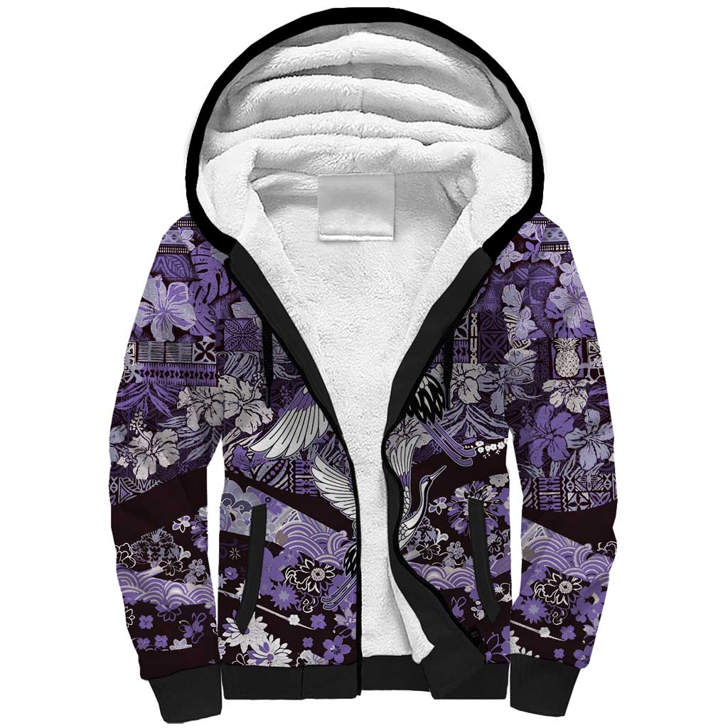Japanese Hawaiian Crane Sherpa Hoodie Purple Tapa Patchwork Pattern LT9 Unisex Purple - Polynesian Pride