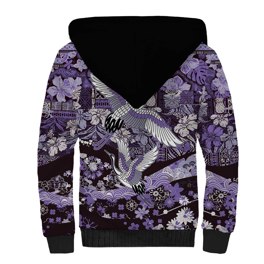 Japanese Hawaiian Crane Sherpa Hoodie Purple Tapa Patchwork Pattern LT9 - Polynesian Pride