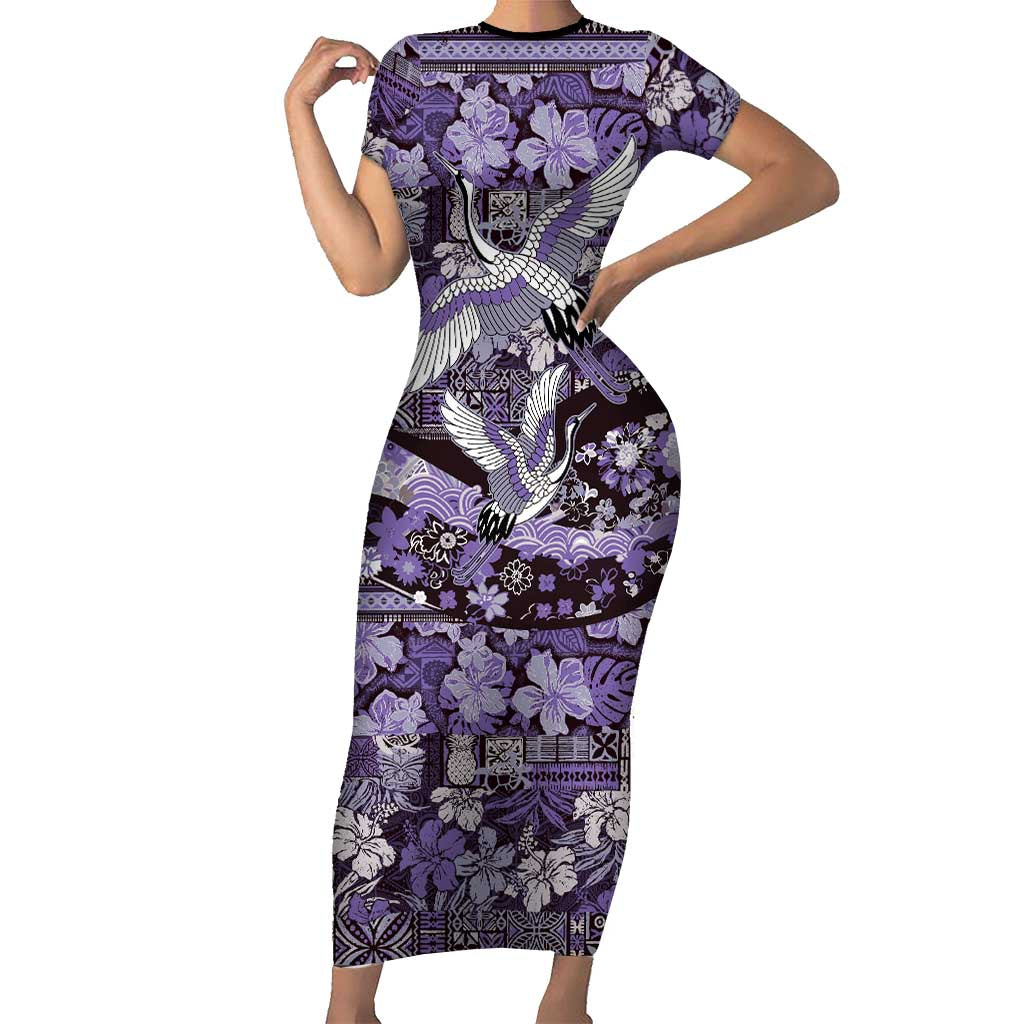 Japanese Hawaiian Crane Short Sleeve Bodycon Dress Purple Tapa Patchwork Pattern LT9 Long Dress Purple - Polynesian Pride