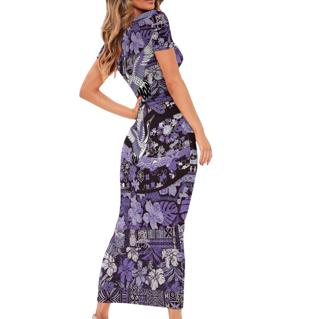 Japanese Hawaiian Crane Short Sleeve Bodycon Dress Purple Tapa Patchwork Pattern LT9 - Polynesian Pride