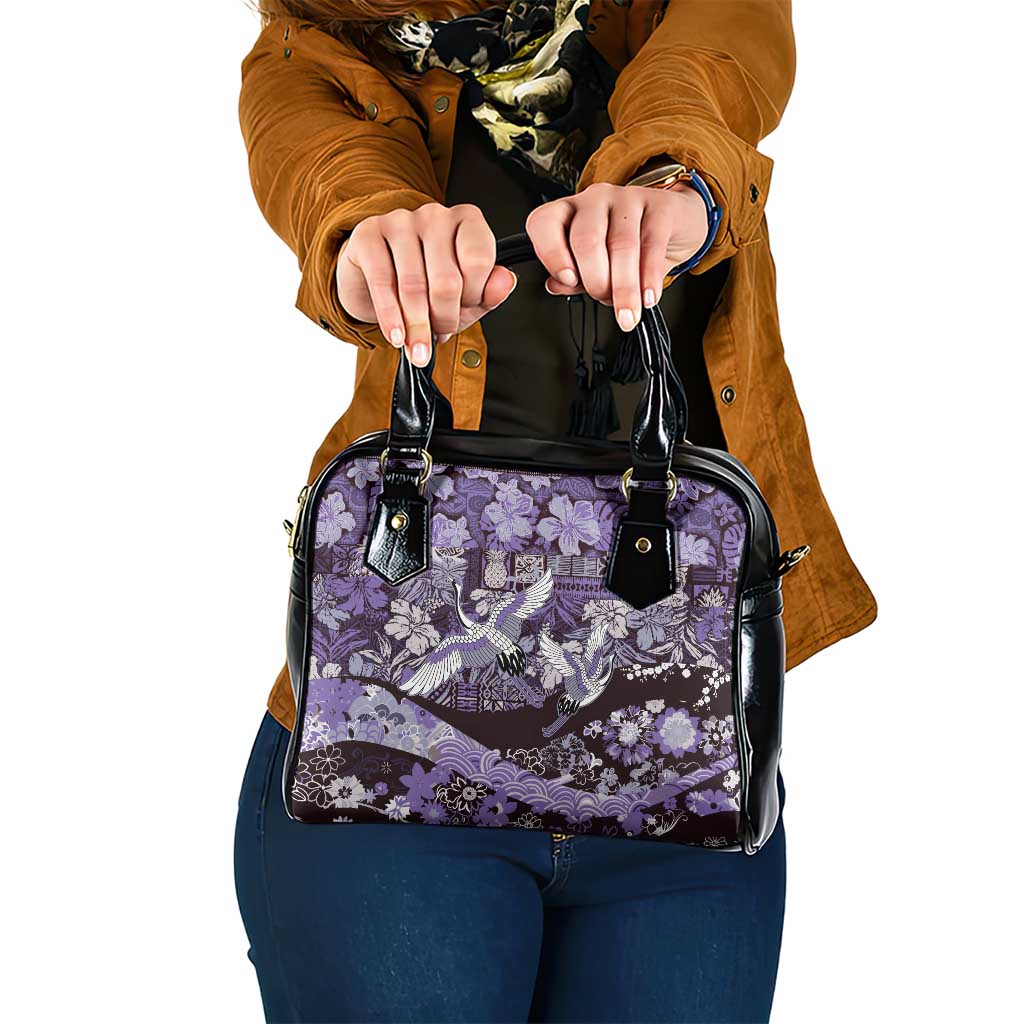 Japanese Hawaiian Crane Shoulder Handbag Purple Tapa Patchwork Pattern LT9 One Size Purple - Polynesian Pride