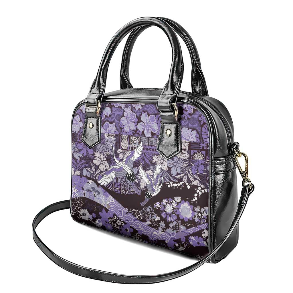 Japanese Hawaiian Crane Shoulder Handbag Purple Tapa Patchwork Pattern