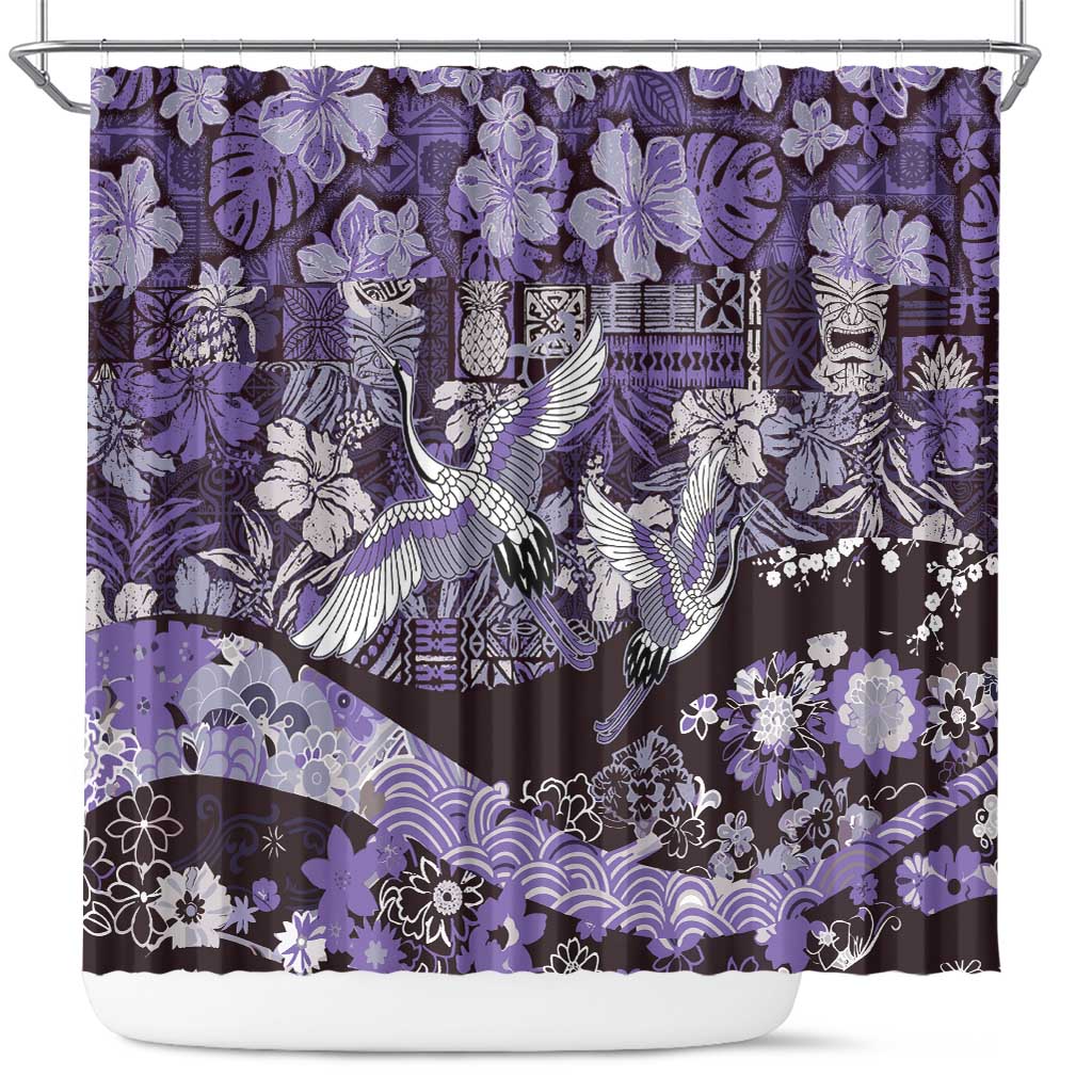Japanese Hawaiian Crane Shower Curtain Purple Tapa Patchwork Pattern LT9 Purple - Polynesian Pride