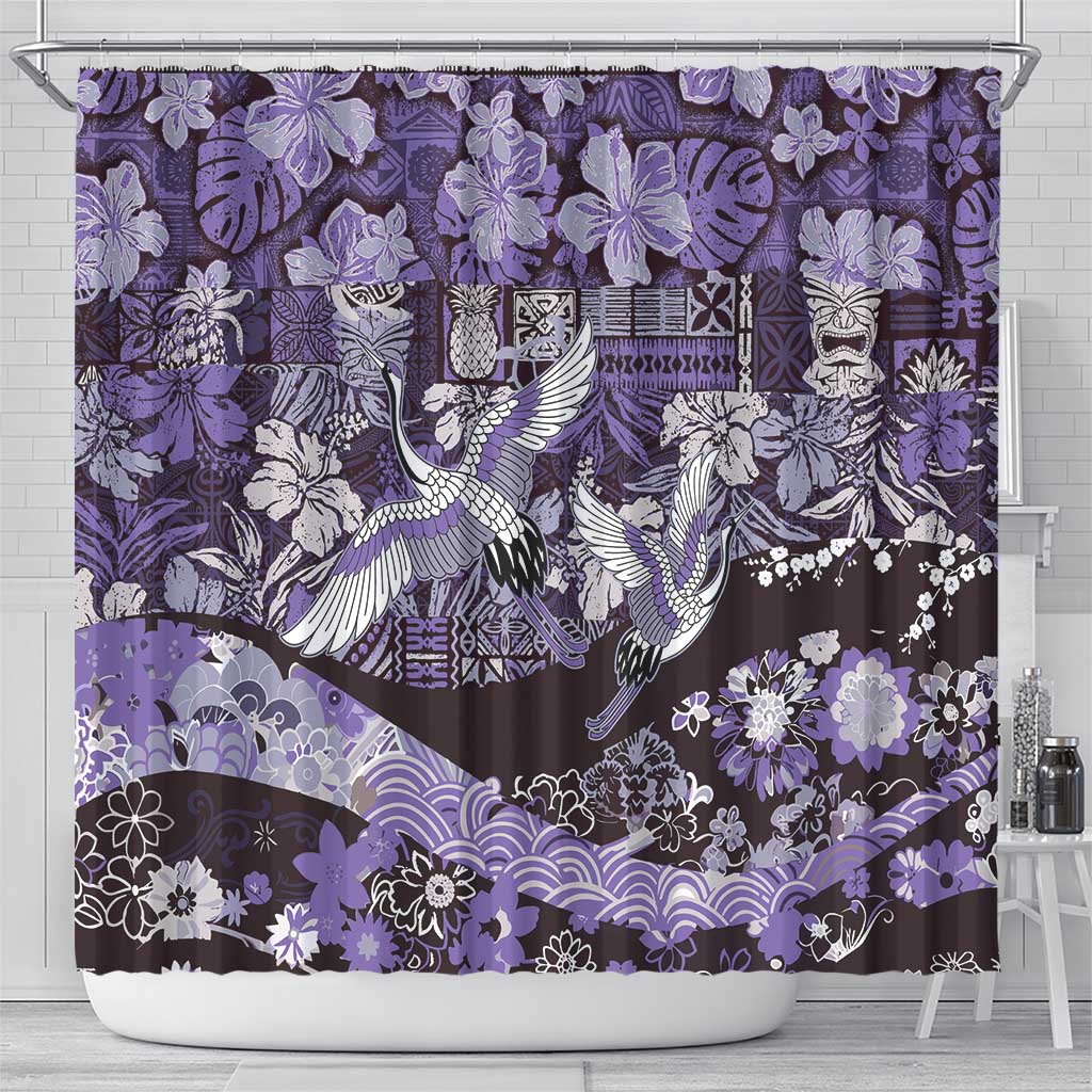 Japanese Hawaiian Crane Shower Curtain Purple Tapa Patchwork Pattern LT9 - Polynesian Pride