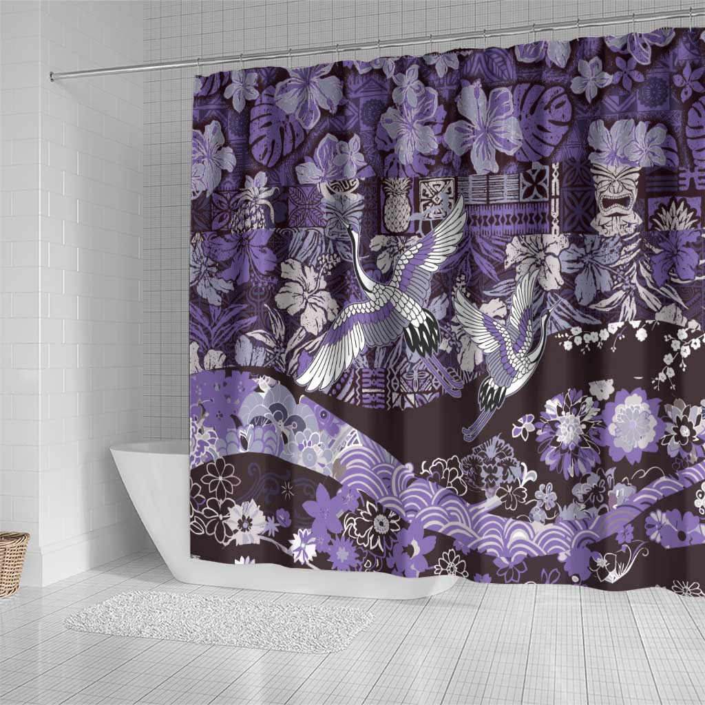Japanese Hawaiian Crane Shower Curtain Purple Tapa Patchwork Pattern LT9 - Polynesian Pride