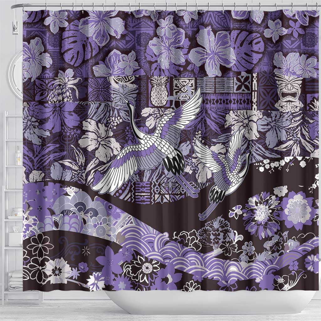 Japanese Hawaiian Crane Shower Curtain Purple Tapa Patchwork Pattern LT9 - Polynesian Pride