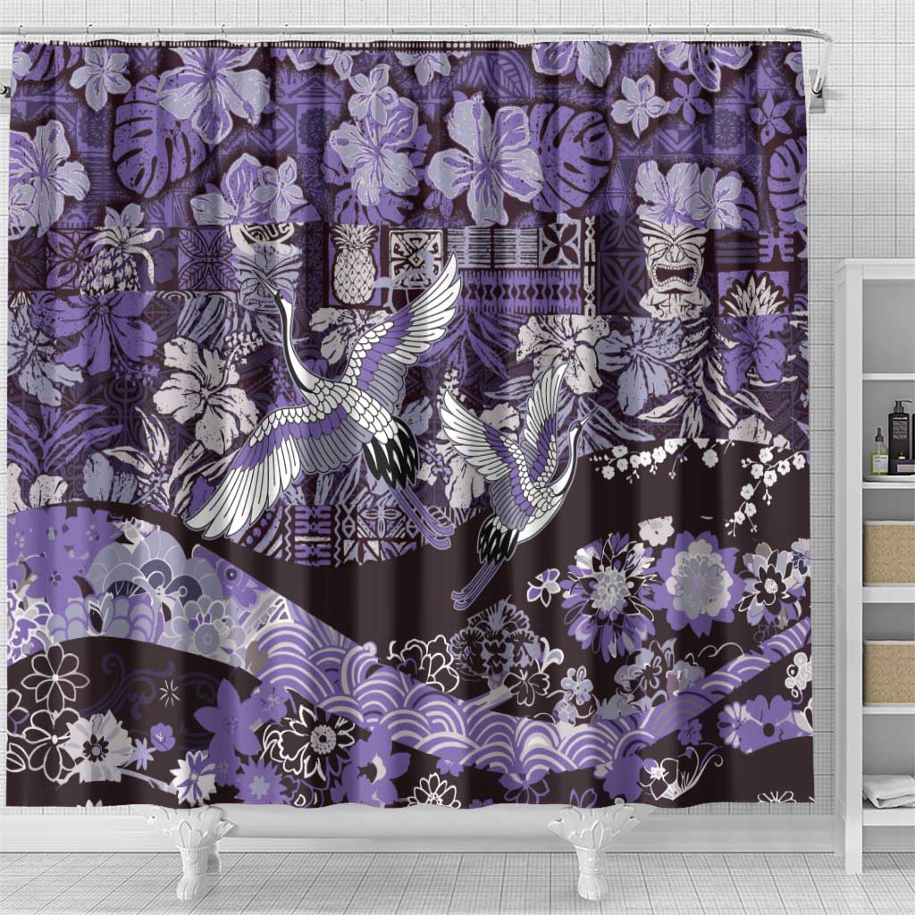 Japanese Hawaiian Crane Shower Curtain Purple Tapa Patchwork Pattern LT9 - Polynesian Pride