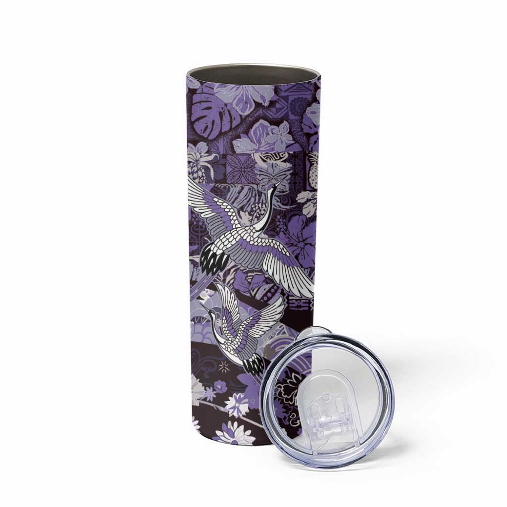 Japanese Hawaiian Crane Skinny Tumbler Purple Tapa Patchwork Pattern LT9 - Polynesian Pride