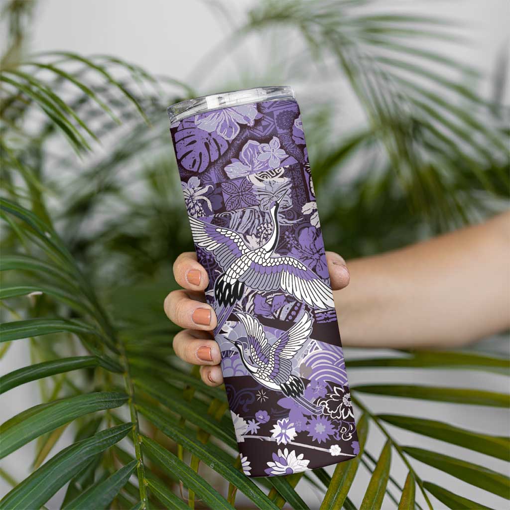 Japanese Hawaiian Crane Skinny Tumbler Purple Tapa Patchwork Pattern LT9 - Polynesian Pride