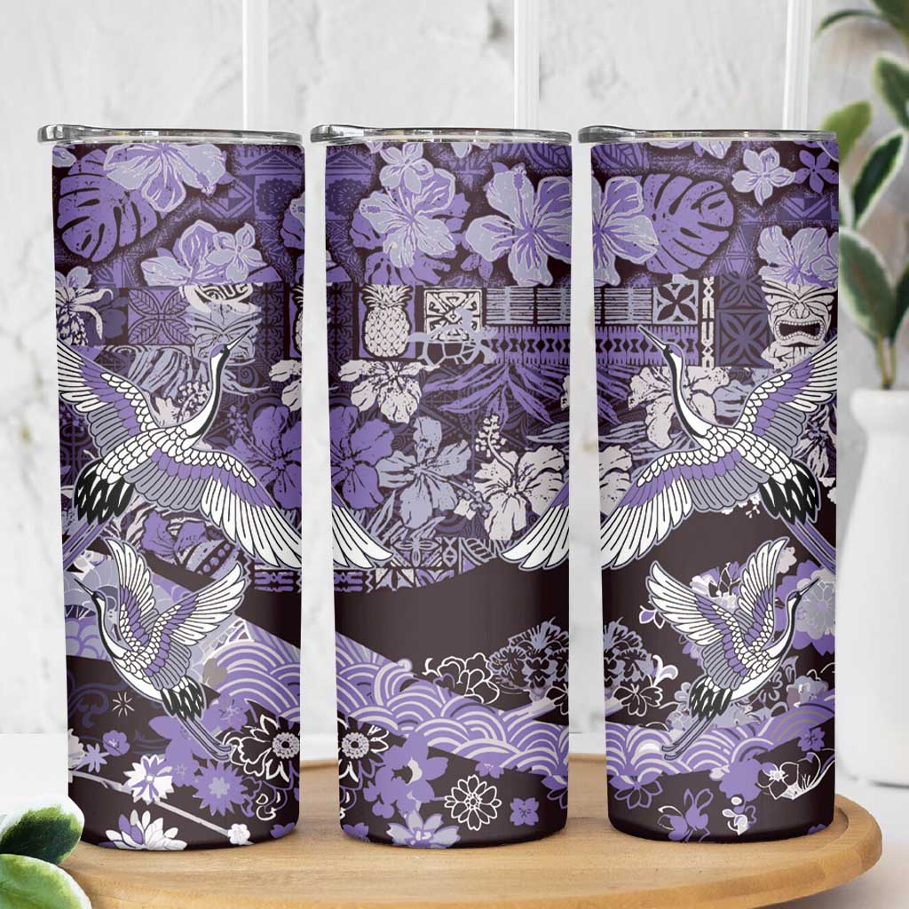 Japanese Hawaiian Crane Skinny Tumbler Purple Tapa Patchwork Pattern LT9 - Polynesian Pride