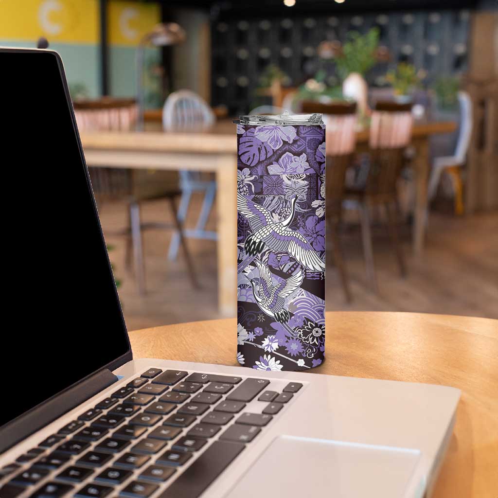 Japanese Hawaiian Crane Skinny Tumbler Purple Tapa Patchwork Pattern LT9 - Polynesian Pride