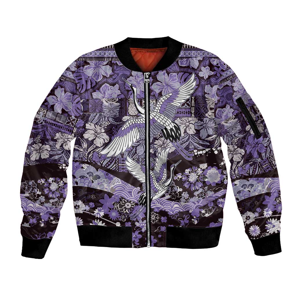 Japanese Hawaiian Crane Sleeve Zip Bomber Jacket Purple Tapa Patchwork Pattern LT9 Unisex Purple - Polynesian Pride