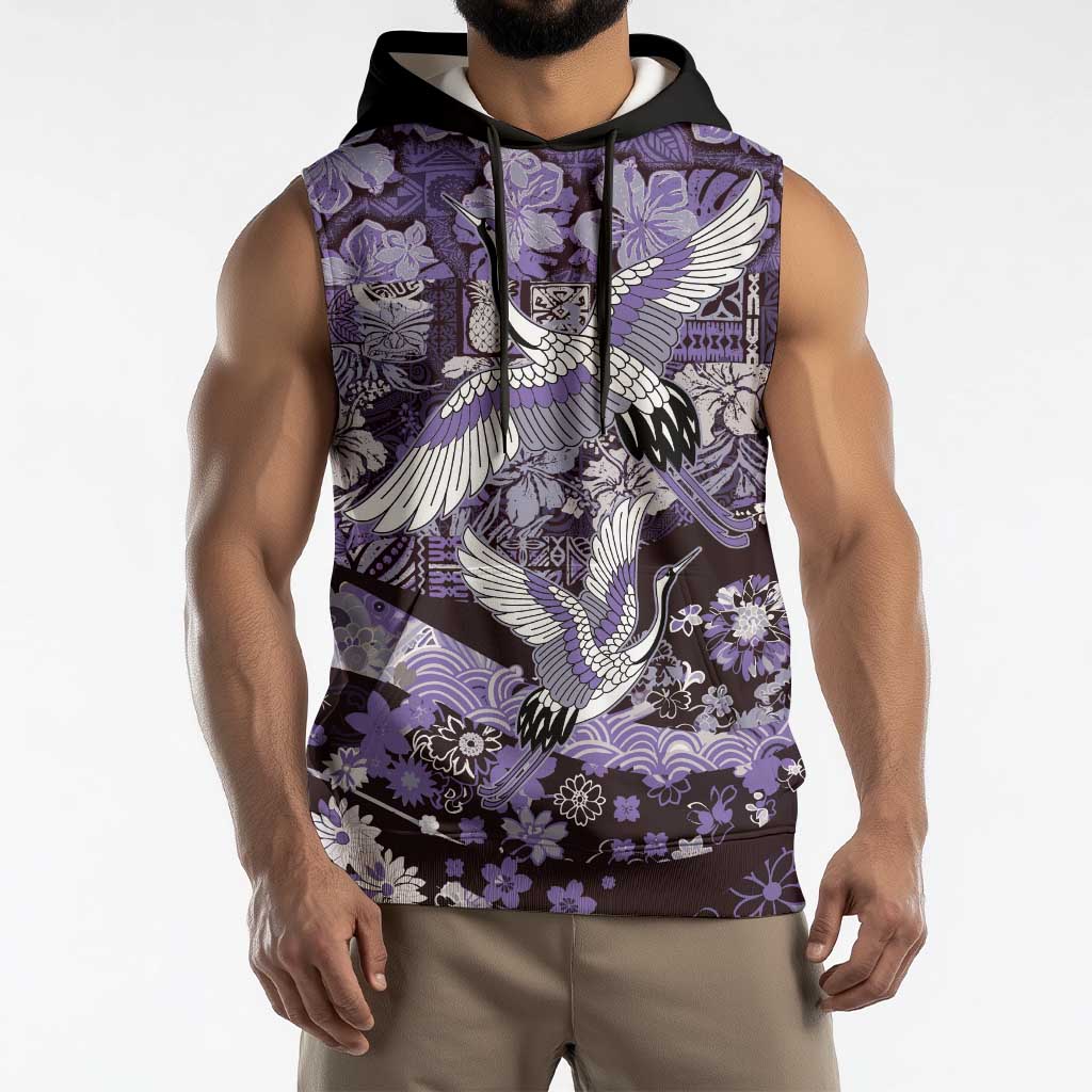 Japanese Hawaiian Crane Sleeveless Hoodie Purple Tapa Patchwork Pattern LT9 - Polynesian Pride
