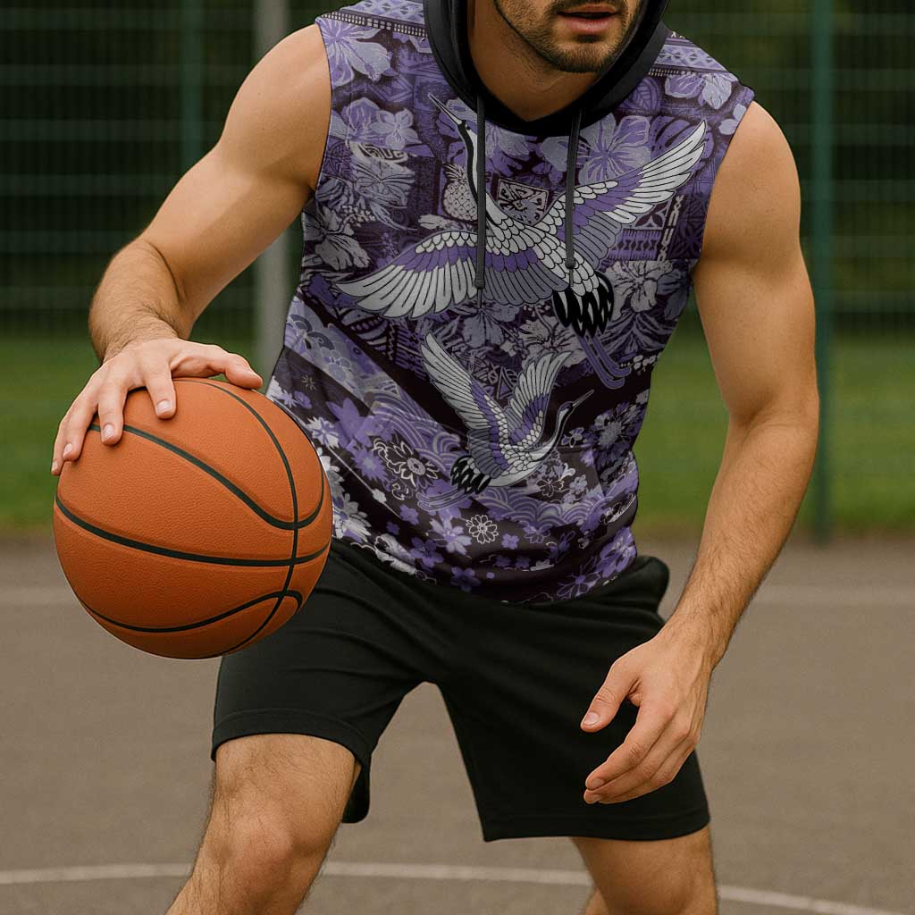 Japanese Hawaiian Crane Sleeveless Hoodie Purple Tapa Patchwork Pattern LT9 - Polynesian Pride