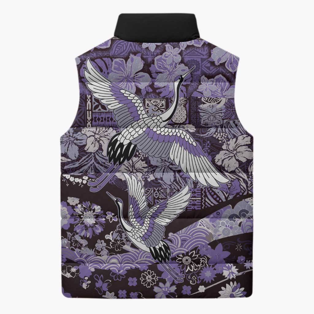 Japanese Hawaiian Crane Sleeveless Puffer Jacket Purple Tapa Patchwork Pattern LT9 - Polynesian Pride