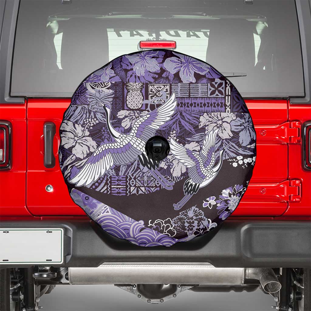 Japanese Hawaiian Crane Spare Tire Cover Purple Tapa Patchwork Pattern LT9 - Polynesian Pride
