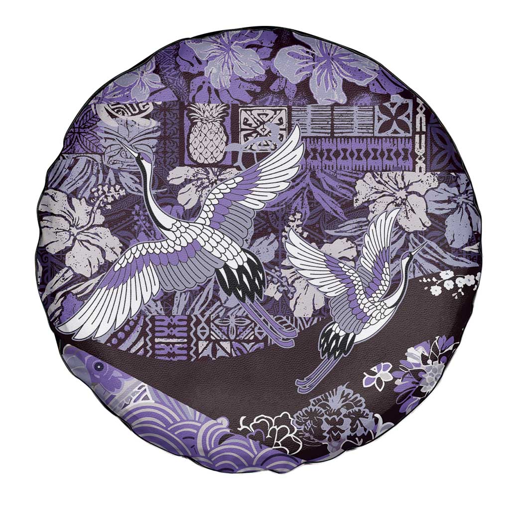 Japanese Hawaiian Crane Spare Tire Cover Purple Tapa Patchwork Pattern LT9 - Polynesian Pride