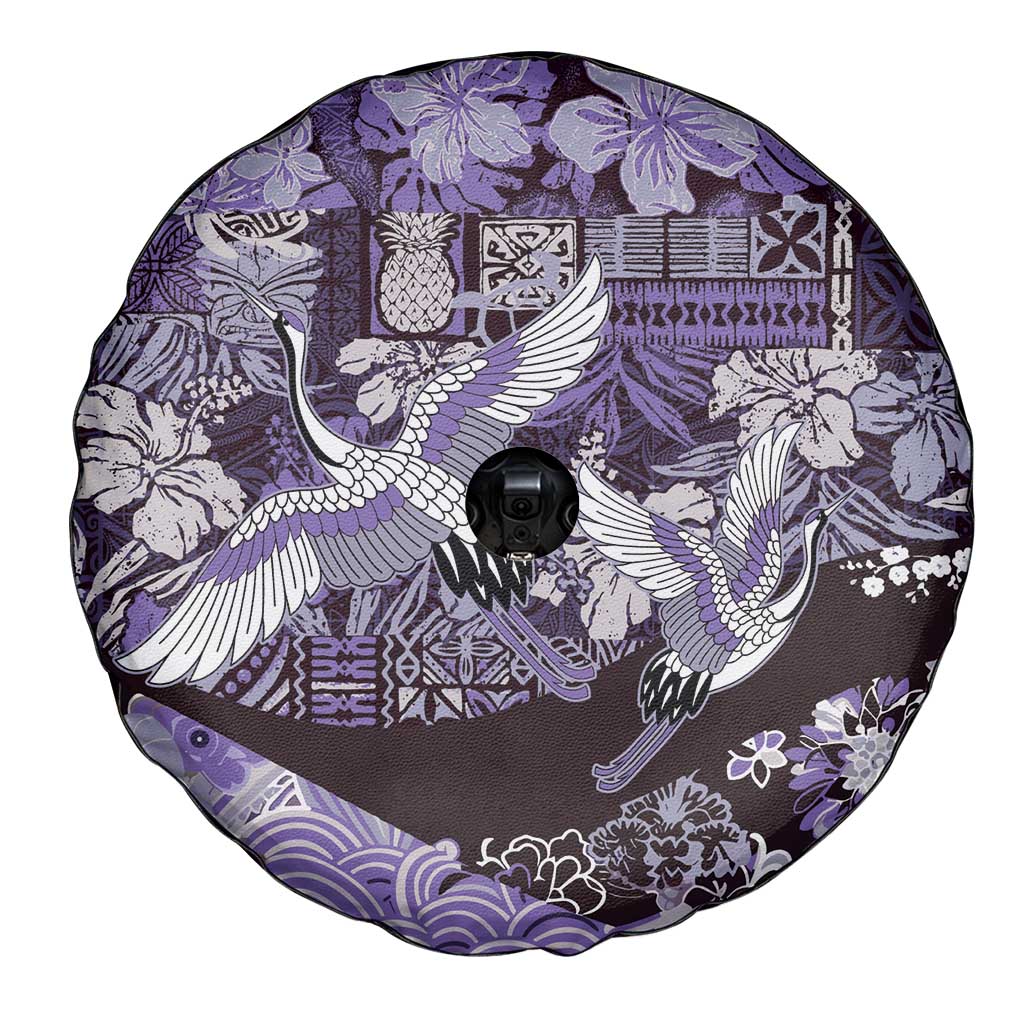 Japanese Hawaiian Crane Spare Tire Cover Purple Tapa Patchwork Pattern LT9 - Polynesian Pride